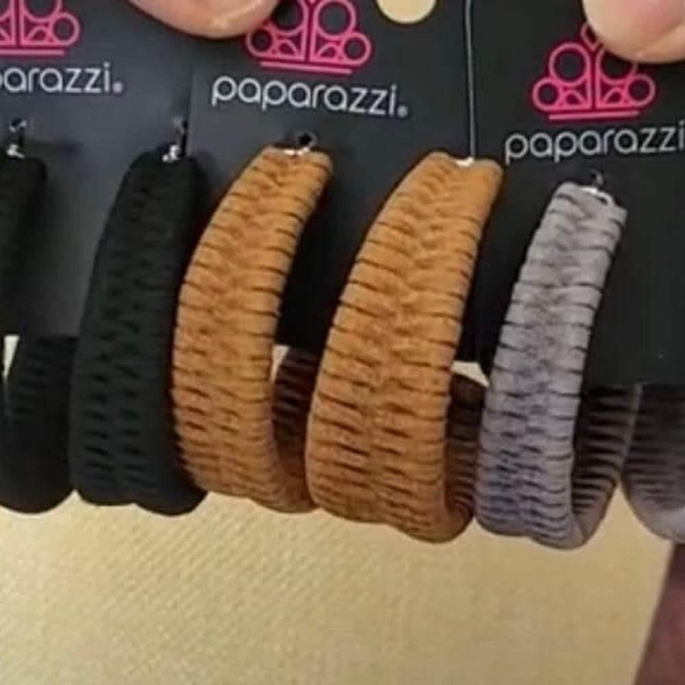 Lot Of 3 Paparazzi Textured Hoop Earrings in Black, Brown, Gray